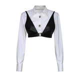 Straight Shirt For Women Lapel Long Sleeve Patchwork Fake Two Piece Colorblock Button Through Blouse Female