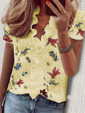 Boho Floral Print Slim Shirt Office Lady Retro Tops Women Casual Short Sleeve Sexy V-neck Ruffles Blouse 2022