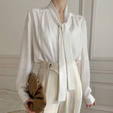femininity simple versatile shirt Fashionable femininity simple versatile bowknot long-sleeved loose dress