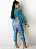 Colorful Striped Puff Sleeve Crop Top and Pants 2pc