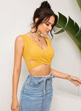 V-neck Solid Lace Up Short Tank