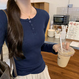 Super-Good-Looking Hollowed-Out Jacquard Three-Button Long-Sleeved T-Shirt Women's Spring And Autumn 2024 New Undershirt Blouse-Outfit