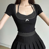 Bow Square Collar Waist Shows Thin Collision Color Two-Piece T-Shirt Sweet Girl Hanging Neck Short-Sleeved Blouse-Outfit