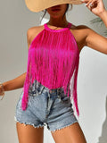 Women's Hot-Selling Solid Color Sleeveless Neck Top Ladies' Fashionable Tassel Beach Swimsuit-Outfit