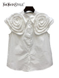 White Fold Pleated Shirt For Women Peter Pan Collar Sleeveless Solid Minimalist Button Through Blouse Female