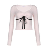 Girl Sexy Square Collar Tight Show Thin Color Lace Long-Sleeved T-Shirt 2023 Autumn Fold Waist Pure Desire Blouse-Outfit