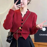 Year's Red V-Collar Lace Spliced Long-Sleeved Sweater Autumn And Winter 2023 New Short Style Thin Sweater Blouse-Outfit