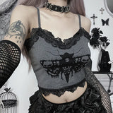 Spice Girl Lace Splicing Suspenders Dark Wind Personality Moth Printing Shows Thin Temperament-Outfit