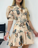 printed dress 2021 summer new ladies temperament high waist mid-length bubble short-sleeved