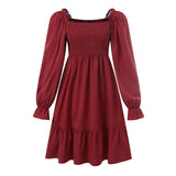 Celmia Elegant Women Ruffled Sundress 2022 Puff Long Sleeve Sexy Square Collar Mini Dress Casual Solid Pleated Party