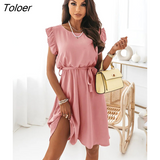 Elegant Ruffle Party Dress Women Casual O-Neck Sleeveless Lace-up Dresses 2022 Office Lady Fashion White Pink Dress