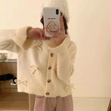 Spring And Autumn New Korean Solid Color Round Neck Bowknot Sweater Women's Fashion Soft Glutinous Warm Style Knitted Cardigan-Outfit
