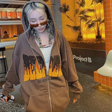 Y2K sweatshirt Winter Jacket Clothes Brown Zip Sweatshirt Oversized Hoodie Women's Retro Pocket Long Sleeve Pullover