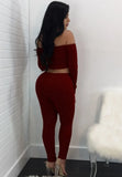 Ribbed Basic Off Shoulder Crop Top and Pants 2pc