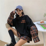 Deeptown Kawaii Hoodies Korean Style Women Long Sleeve Pullover Plaid Sweatshirt 2021 Oversized Streetwear Kpop Tracksuit