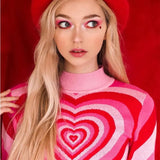 Aesthetics Heart Striped Turtleneck Pullovers E-girl Sweet Long Sleeve Hot Pink Sweater Harajuku 90s Knitwear