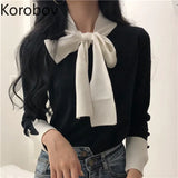 Korean Lacing Bow Sweet Women Pullovers Hit Color Basic Long Sleeve Female Sweaters Elegant Patchwork Sueter Mujer
