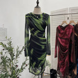 Vintage Tie-Dye Printing Irregular Folded Mesh Yarn Body-Body-Sleeve Dress