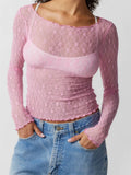 Women Lace Floral T-shirts Crop Tops Long Sleeve Slim Mesh Sheer See Through Tees Shirts Summer Party Streetwear 2023-Outfit