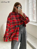 Bright Gingham Oversized Shirts For Women Street Style Casual Shacket Blouses And Tops Single-Breasted Spring