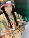 Women Sweaters Cardigan Print Floral Coats Full Sleeve Knitted Loose Jumpers Coat Top Regular Splice Single Breasted Outerwear-Outfit