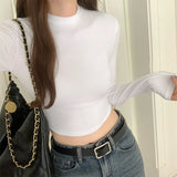 And Slim Long-Sleeved T-Shirt Women's Early Autumn New Style Solid Color Underneath T-Shirt Short Style Blouse-Outfit