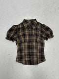 College Style Retro Check-Colored Bubble Sleeves Slim Slim Collar Buckle Short-Sleeved Shirt