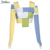 Sexy off shoulder Patchwork Women CropTops fashion Knitted Street tees Supporting detachable Gloves slim T-shirts