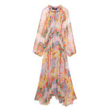 Summer Print Lace-Up Loose-Fitting Midi Dress 7908165-Outfit