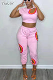 Out Asymmetrical Shape Two Piece Pant Sets Active Women Short Sleeve Bandage Crop Top and Drawstring Waist Workout