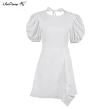 White Sexy Backless Women Summer Dress 2022 Puff Sleeve Irregular Ruffle Mini Dress Green Pleated Ladies