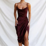 Spaghetti Strap Satin Dress Women Sleeveless Solid Corset Midi Dresses 2021 Elegant Party Club Bodycon Split Long