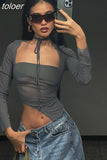Asymmetric Square Neck Long Sleeved Tops Y2k Streetwear Hollow Out Mesh See Through Sexy T Shirts Women