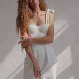 Summer Women's Tank Dresses Party Split Solid Backless Sexy Ladies Mid Calf Dress 70% Cotton Bandage Bow Tie Party