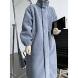 Women's Stand Neck Shearling Lamb Trench Coat Korean Style 2022 Winter Loose Thickened Button Up Front Long