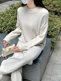 Fashion Knitted Two Piece Sets Solid Long Sleeve O-Neck Split Pullover And Straight Pants Suit Women Casual Loose