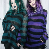 Gothic Punk Hole Stripe Tshirt Women Pastel Goth Fairy Grunge Harajuku Top Oversized Dark Aesthetic Emo alt