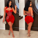 Nude Mesh Insert Caged Mini Dress Sexy Party Night Club Outfits Irregular Hem Corset Halter Bodycon Dresses