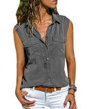 Cotton Tops Blouses 2021 Autumn Sleeveless Solid V-Neck Office Blouse Female Work Women Button Up Shirt Plus Size