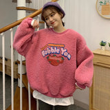 Women Fake 2 Pieces Warm Sweatshirt Fall Winter Long Sleeve Fleece Hoodie Strawberry Print Fuzzy Hoody Pullover Kawaii Top