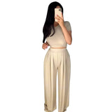 Dropshpping High Quality New Women Two-piece Sets Solid Color Tight Casual Sets Tight Top + Wide Leg Pants