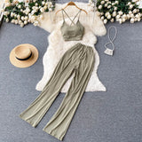 Knitted Pocket Women Sport Sets Backless Strapless Camisole+ Summer Elastic Waist Wide Leg Pants Fashion Two Piece