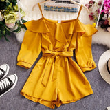 2020 Spring Summer New Chic Women Playsuits Sexy Off Shoulder Elegant Ruffles Solid Jumpersuits Lace Up Bow