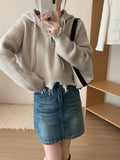 Autumn And Winter New Simple Fringed Broken-Rimmed Hooded Sweater Loose Korean Version Short Zipper Sweater-Outfit