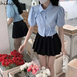 Blusas De Mujer Puff Sleeve Tunic Bow Blouses Women Clothing Crop Tops Hollow Out Folds Summer Shirts Chic Vintage