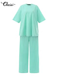 Celmia Fashion Women 2pcs Sets 2022 Summer Casual Loose Holiday Pocket Belted Set Half Sleeve O-neck Top and Wide Leg Pant
