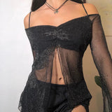 Vintage Black Mesh Sexy Crop Top Split Flare Sleeve See Through T Shirt Bling Ruched Backless Slash Neck Tee Women