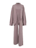 Asymmetrical Pullovers Knitted 2 Piece Set Women Casual Turtleneck Sweater And Pants Irregular Winter Warm