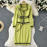 Women Fashion Knitted Two Piece Suits Long Sleeve Cardigan+Pocket Sheath Dress Suits Autumn Korean Solid Sweater