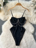 Women Strap Sexy Bodysuits 2023 Chain Design Transparent Palysuits Ladies Fashion Club Blackless Mesh